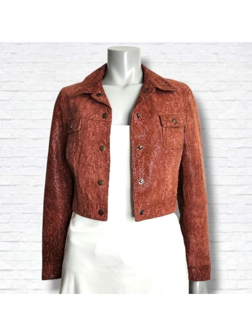 Vintage DINO'Z Metallic Reptile Print Leather Cropped Jacket Size XS